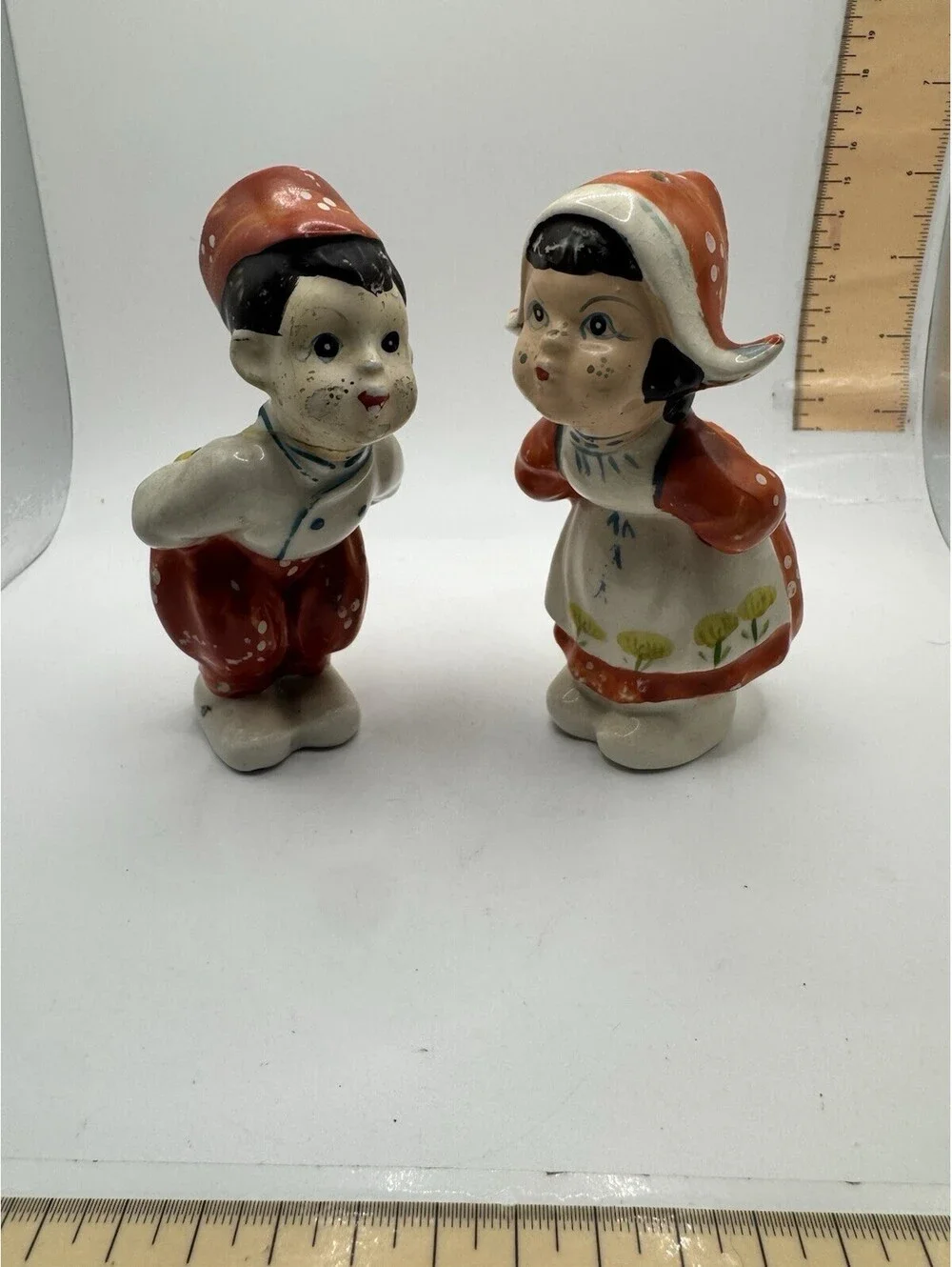 Vintage Salt and Pepper Shakers ~ Kissing Dutch Boy and Girl ~ Japan - Red